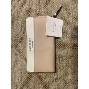 Kate Spade Saffiano Leather Zip Around Wallet Pink White Two Tone Logo